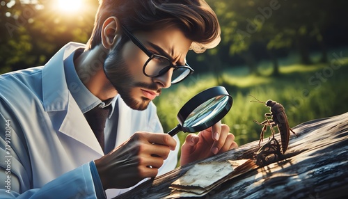 Scientist, Clad In A Lab Coat, Is Seen Examining A Specimen Closely Using A Magnifying Glass In A Natural Setting