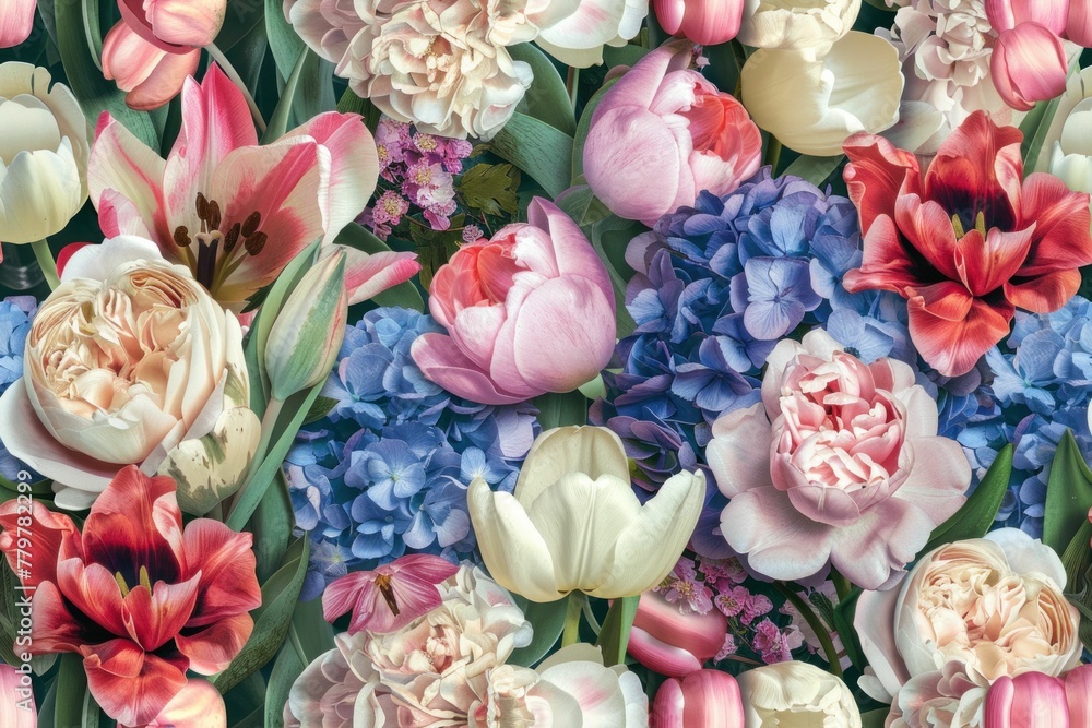 Beautiful Floral Pattern with a Variety of Spring Flowers including Tulips, Hydrangeas, and More in Full Bloom Beautiful Floral Pattern with a Variety of Spring Flowers including Tulips, Hydrangeas, and More in Full Bloom