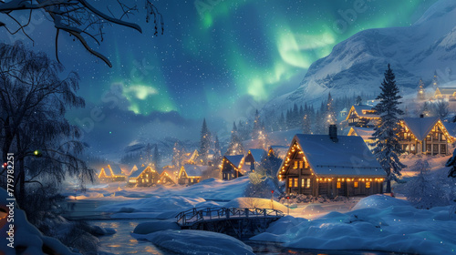 A winter scene with houses lit up with Christmas lights © tope007