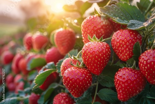 Vibrant  red strawberries with green leaves glistening with water droplets in golden sunlight in a field