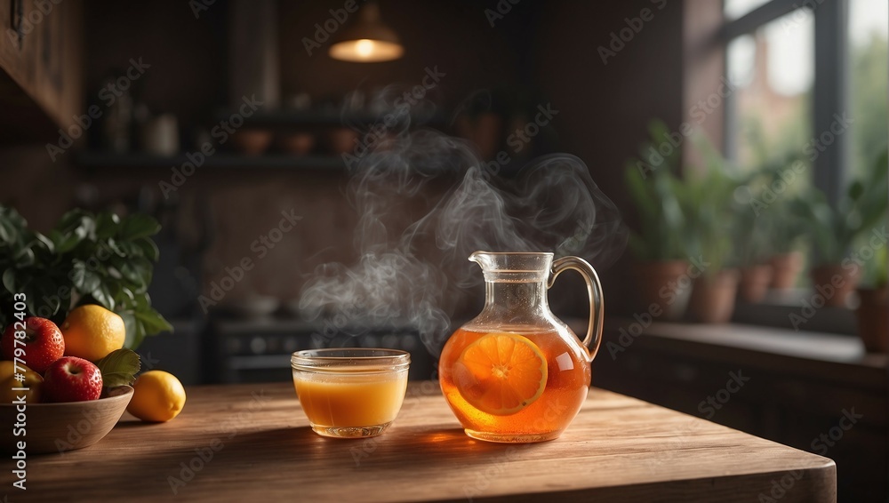 a glass and a mug of refreshing orange juice stand on a wooden table in a cozy kitchen a glass and a mug of refreshing orange juice stand on a wooden table in a cozy kitchen