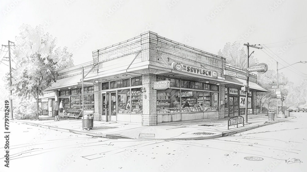 Charming sketch of a local small-town supermarket with personalized service and a community feel