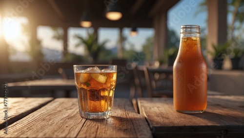 refreshing drink in a bottle and a glass with ice on a wooden table in a cafe of a torpor resort photo