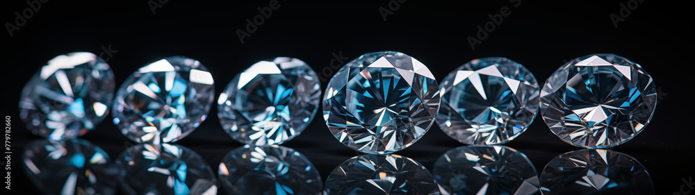 Luxurious Round Cut Diamonds Arrayed on Reflective Dark Surface Luxurious Round Cut Diamonds Arrayed on Reflective Dark Surface
