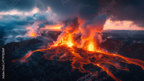 A volcano erupts with smoke and fire  creating a dramatic and intense scene