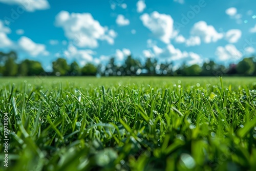 Low angle view of a field of vibrant green grass under a beautiful blue sky with scattered clouds on a sunny day © Larisa AI