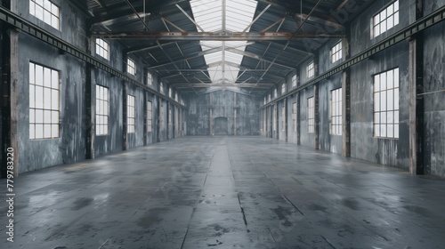 Empty industrial warehouse interior with weathered walls and symmetrical design.