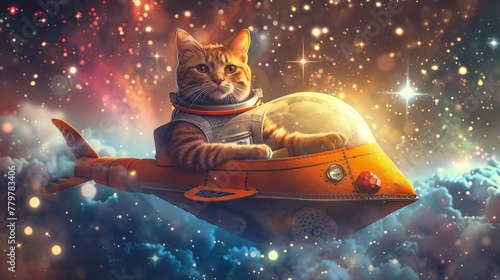 Adorable cat in astronaut gear, fishshaped spaceship, floating among stars made of yarn, hobbythemed galaxy photo
