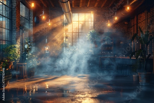 A visually compelling image with billowing smoke inside an industrial loft creating a moody and atmospheric setting