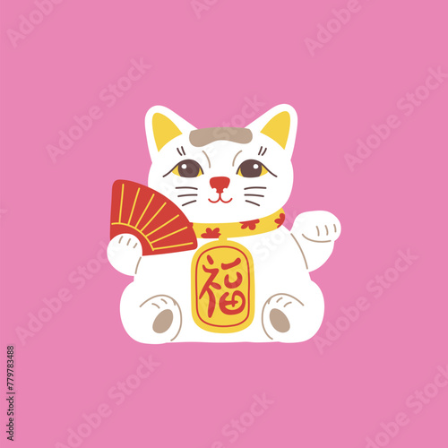 Japanese Maneki Neko figurine with fan, lucky cat wealth symbol, vector eastern amulet with hieroglyph runes on pink