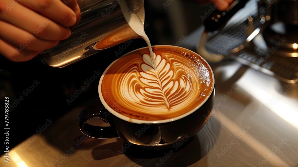 A barista is making latte at a cafe by making patterns on coffee. A barista is making latte at a cafe by making patterns on coffee.