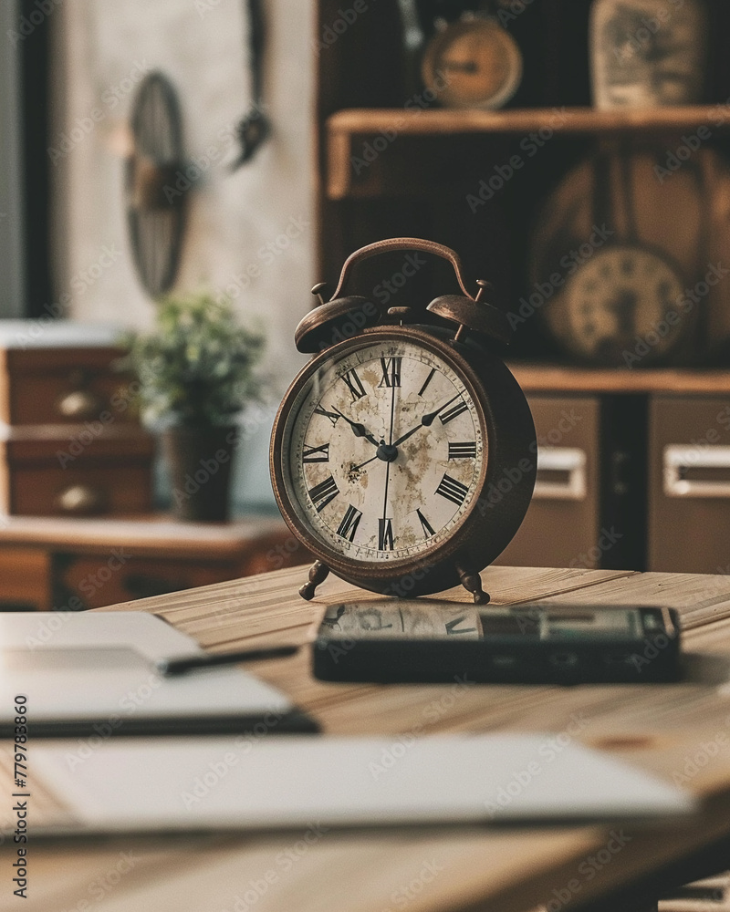 A clock looming large over a workspace, its hands pointing towards a looming deadline, emphasizing time management and punctuality A clock looming large over a workspace, its hands pointing towards a looming deadline, emphasizing time management and punctuality