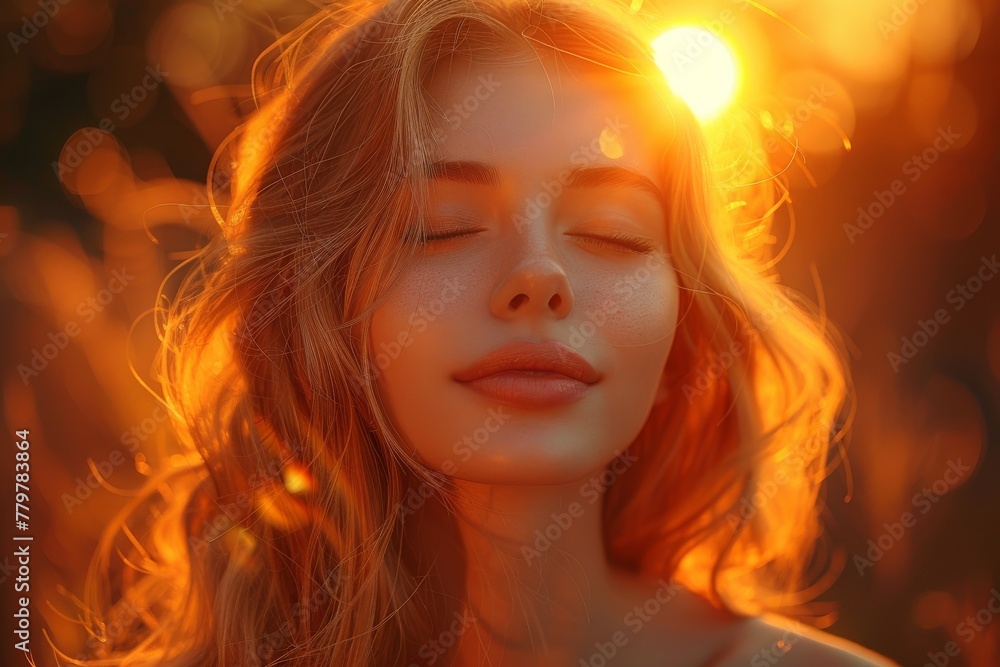 Serene young woman with closed eyes enjoying the warm golden sunlight on her face
