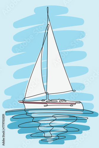 A boat with sails floats on the sea. One line drawing. Continuous line without break.