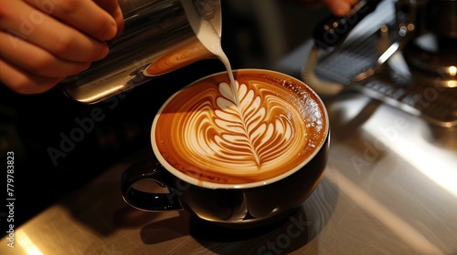 A barista is making latte at a cafe by making patterns on coffee.