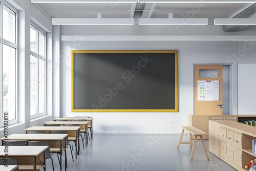Interior of a light white classroom with a black school board