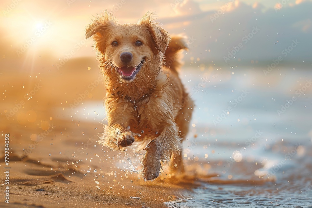 A playful dog captured mid-motion with water splashing around, during a beautiful sunset at the beach A playful dog captured mid-motion with water splashing around, during a beautiful sunset at the beach