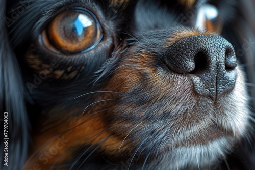 Macro shot of a dog's eye and nose, showcasing intricate fur and reflective gaze