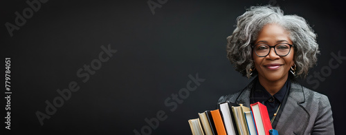 African-American mature female teacher or lecturer in glasses with textbooks on a black plain background. Banner with space for text