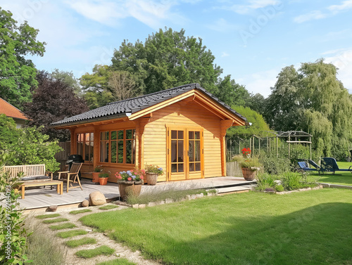 Small classic wooden house in the garden.