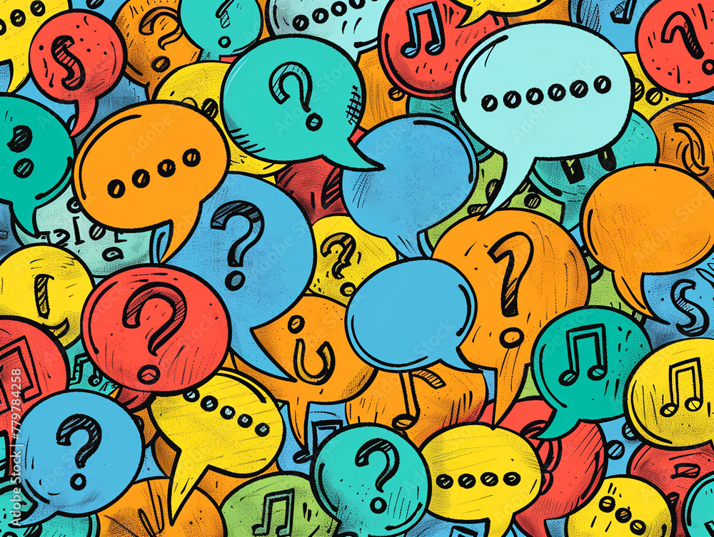 A flurry of speech bubbles, each filled with questions, capturing the dynamic of a lively discussion A flurry of speech bubbles, each filled with questions, capturing the dynamic of a lively discussion