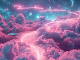 Digital dreamscape, rose  sky blue neon trails