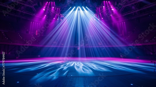 Dramatic blue and purple stage lighting in an empty concert hall.