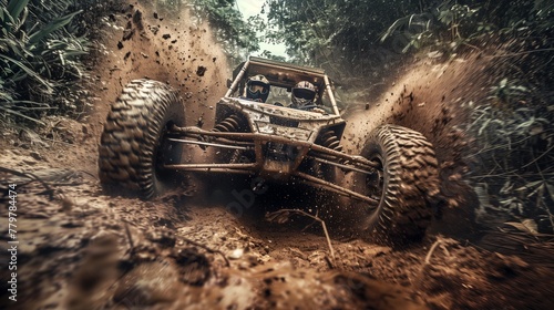 Off-road vehicle plowing through mud with dynamic motion blur