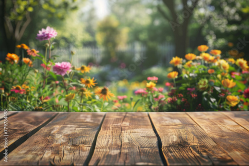 A wooden table with a view of a garden full of flowers