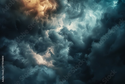 An abstract representation of a stormy sky with dark clouds and lightning bolts. © Jennie Pavl
