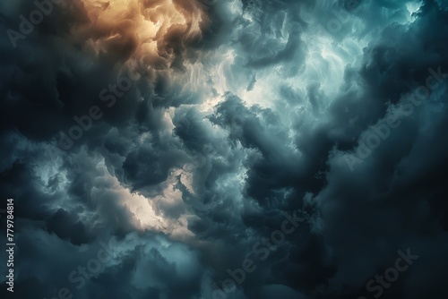 An abstract representation of a stormy sky with dark clouds and lightning bolts.