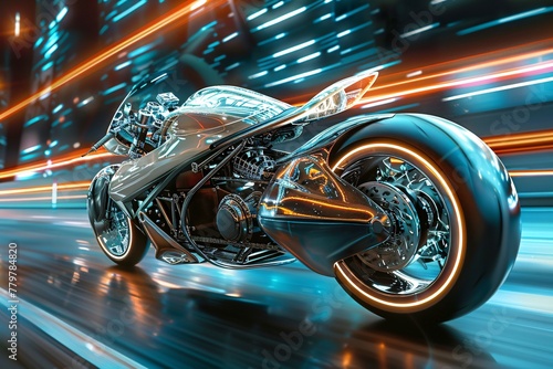 A motorcyclist rides down a bustling city street at night, streaks of lights from passing cars illuminate the scene photo