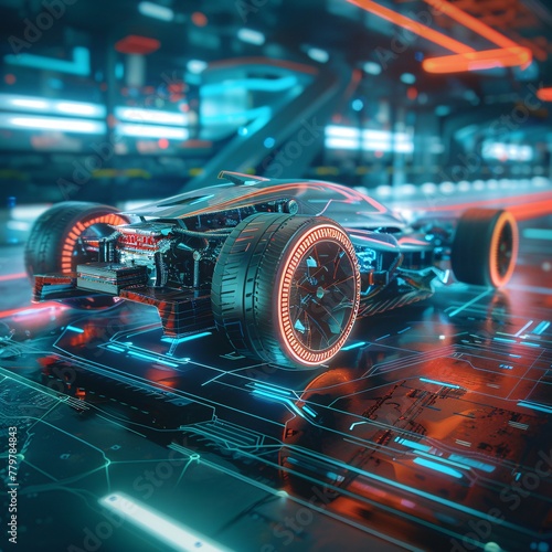 A high-tech race car zooms through a futuristic city, showcasing sleek design and high speed