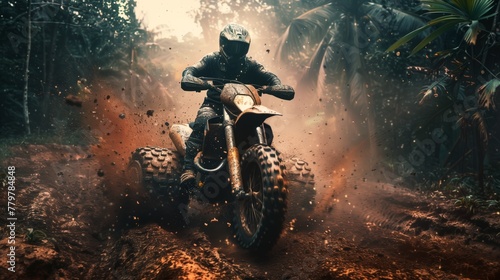 Motocross rider racing through muddy track with tropical forest backdrop