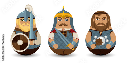 A set of three tilting toy. The Military commander and his squad. Medieval Slavic warriors are heroes. A designer tilting toy for your business project