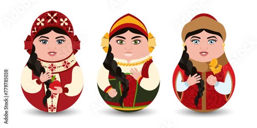 A set of three tilting toy. A Russian doll on an isolated background. Girls in Old Slavic dresses and a kokoshnik. A tilting toy in a modern design for your business project