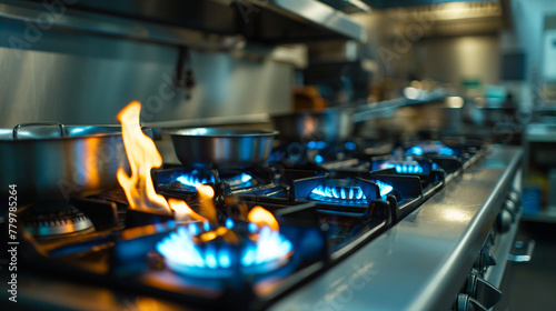 A professional bright kitchen with a blurred background - gas oven - orange tongues of blue flame of a gas burner