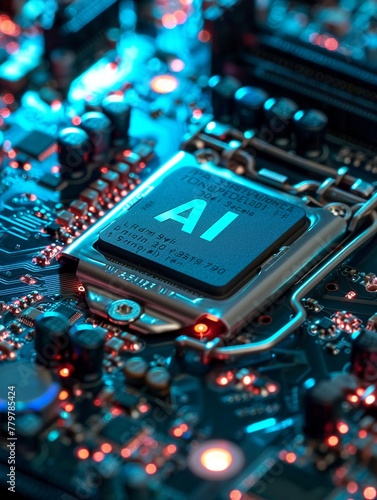 "AI" engraved on a computer mainboard, with surrounding wires glowing, indicating active processing power.