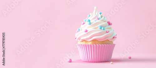 Delicious cupcake, homemade holiday dessert on a pink background.