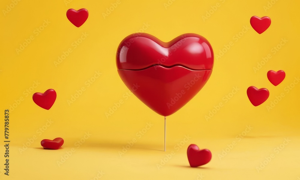 A 3D-rendered image showcasing shiny red heart-shaped balloons, one large and several small, floating against a vivid yellow backdrop. AI generation