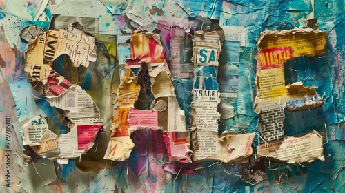 A collage of torn newspaper pieces on an abstract painted canvas