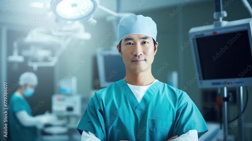 A beautiful Korean female surgeon stands with her arms crossed and looks at the camera inside a well-equipped operating room. A beautiful Korean female surgeon stands with her arms crossed and looks at the camera inside a well-equipped operating room.