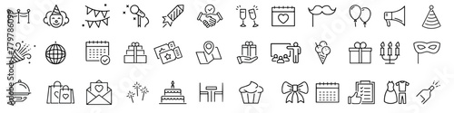 Event planning web icons in line style. Food drinks, flowers, sport tickets, picnic tent. Vector illustrator photo