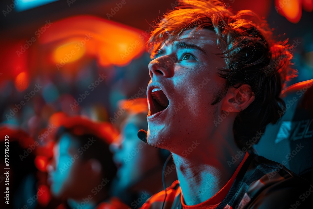 Excited young gamer in a red lit esports arena Excited young gamer in a red lit esports arena