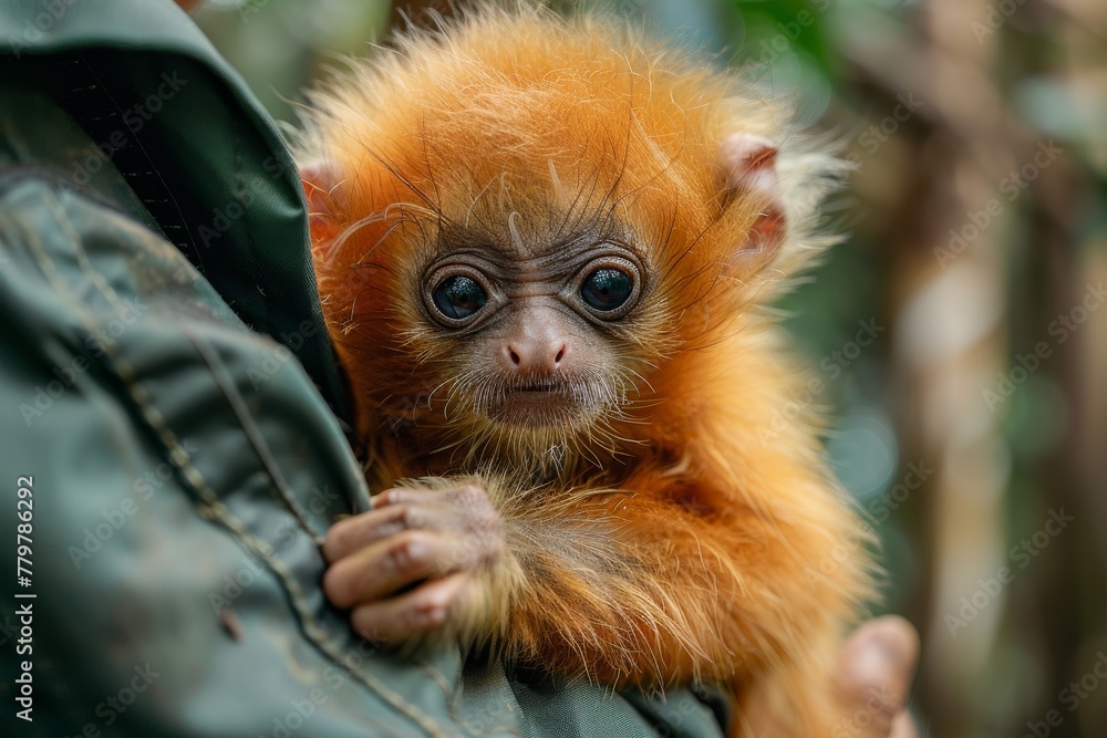 Fototapeta premium Baby orangutan clinging to a person in a green jacket
