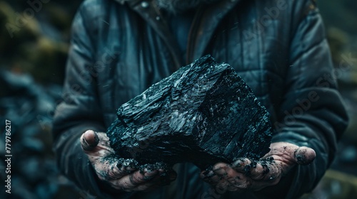 Expert in geology holding a chunk of coal deep in thought about its origins and composition photo