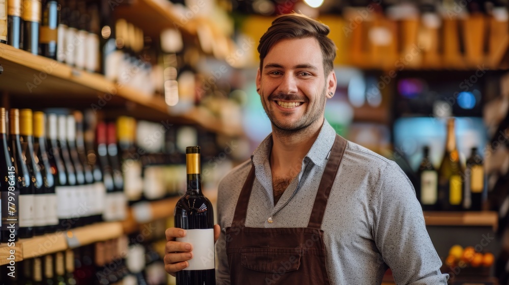 salesman in a uniform stands holding a bottle of wine in a wine shop. salesman in a uniform stands holding a bottle of wine in a wine shop.