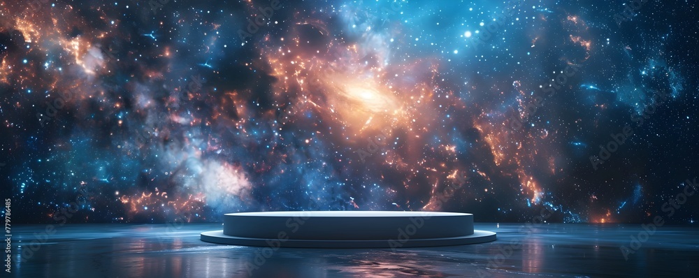 Cosmic Backdrop for Interstellar Product Presentations on Glowing Podium Stage