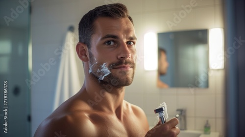 man holds a razor with a cheek in front of a bathroom mirror. photo