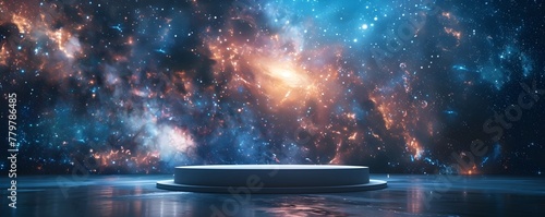 Cosmic Backdrop for Interstellar Product Presentations on Glowing Podium Stage © Thares2020